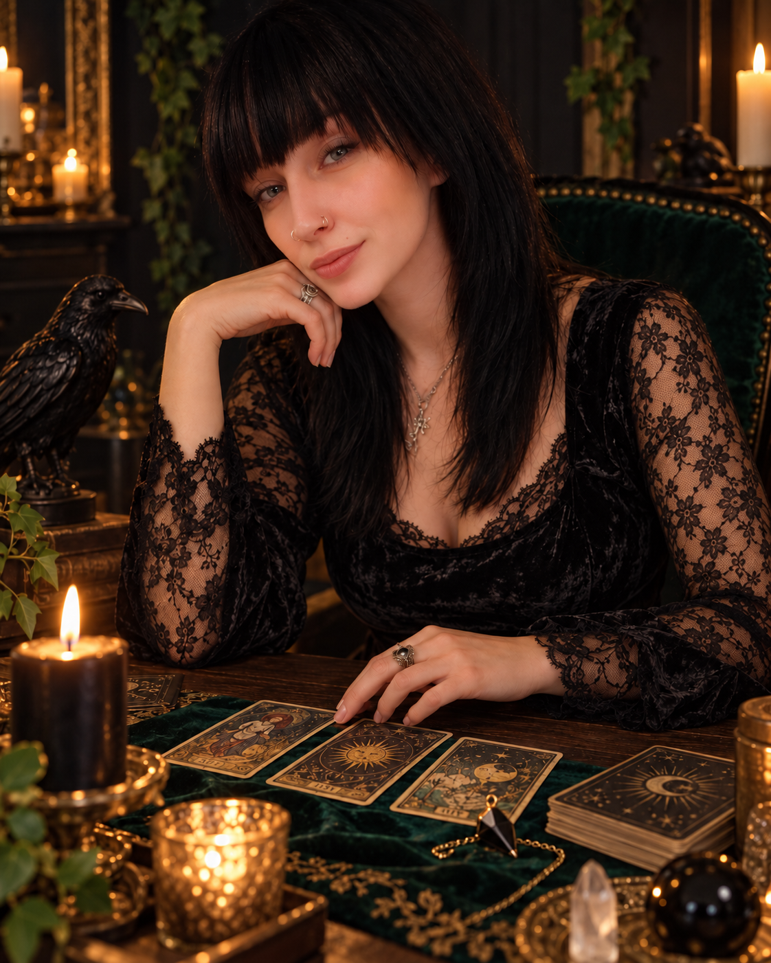 Alita, créatrice de Lilim Occulta, à sa table de cartomancie